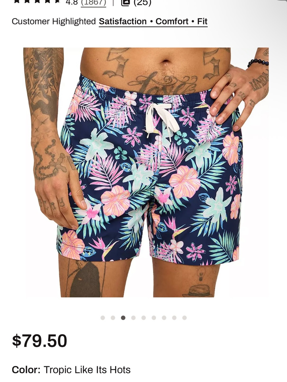 chubbies Navy Tropical Leaf Print Swim Trunks with Pastel Accents